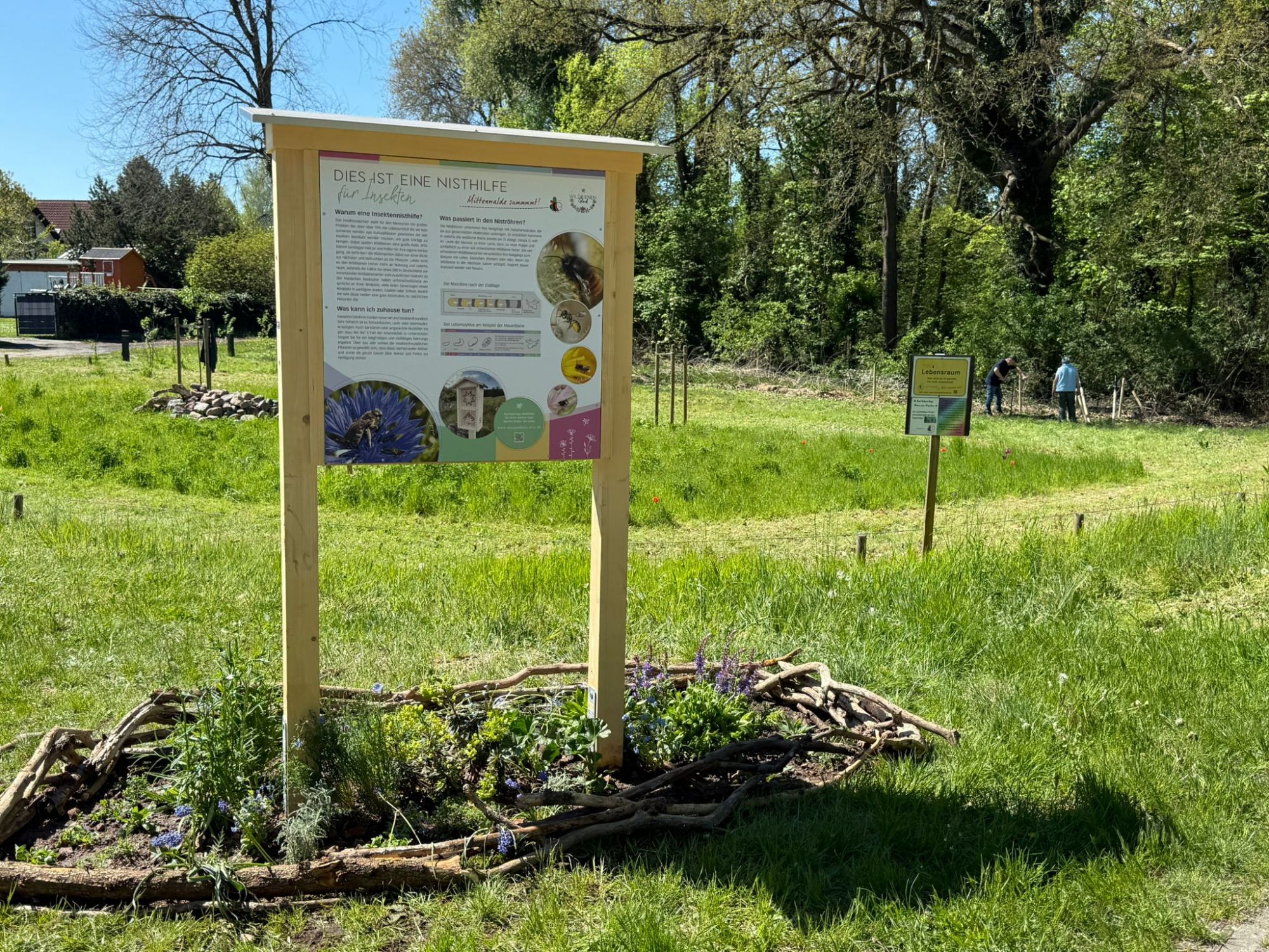 Infotafel auf der Rückseite der Wildbienennisthilfe